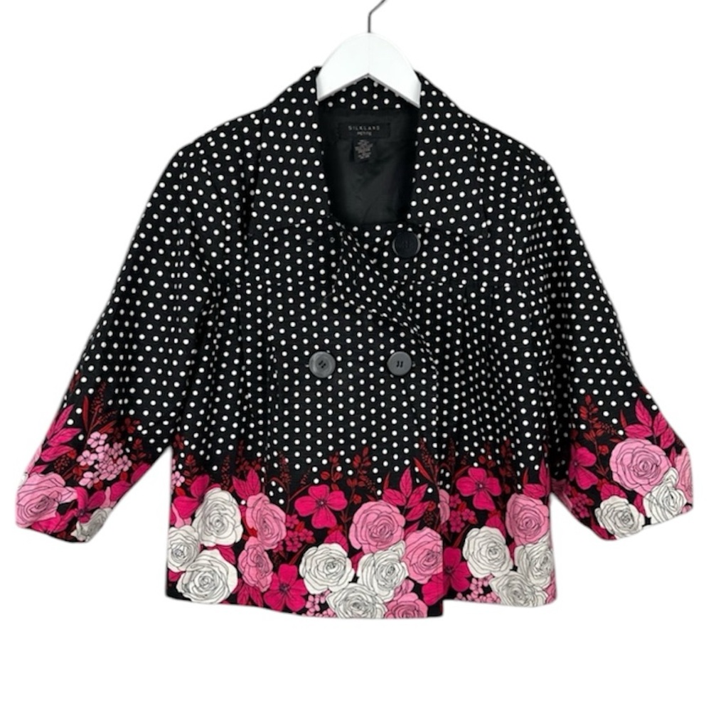 Silk Land Floral Polka Dot 100% Silk Lined Blazer Large Petite